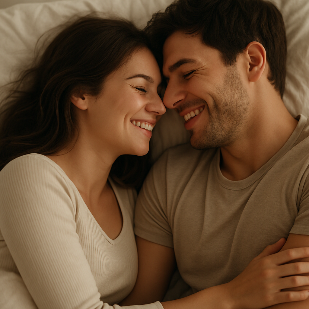 A couple lying close together smiling tenderly