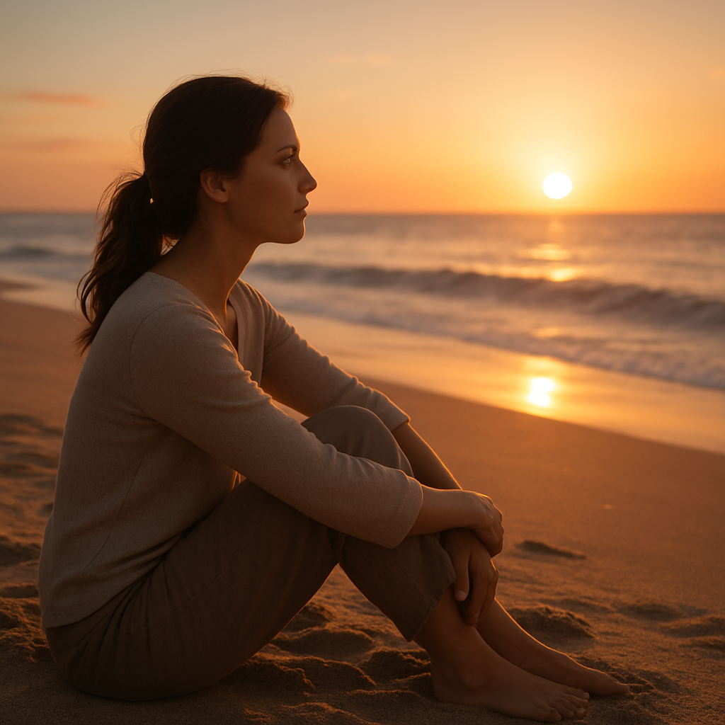 A woman sitting peacefully on the beach at sunset