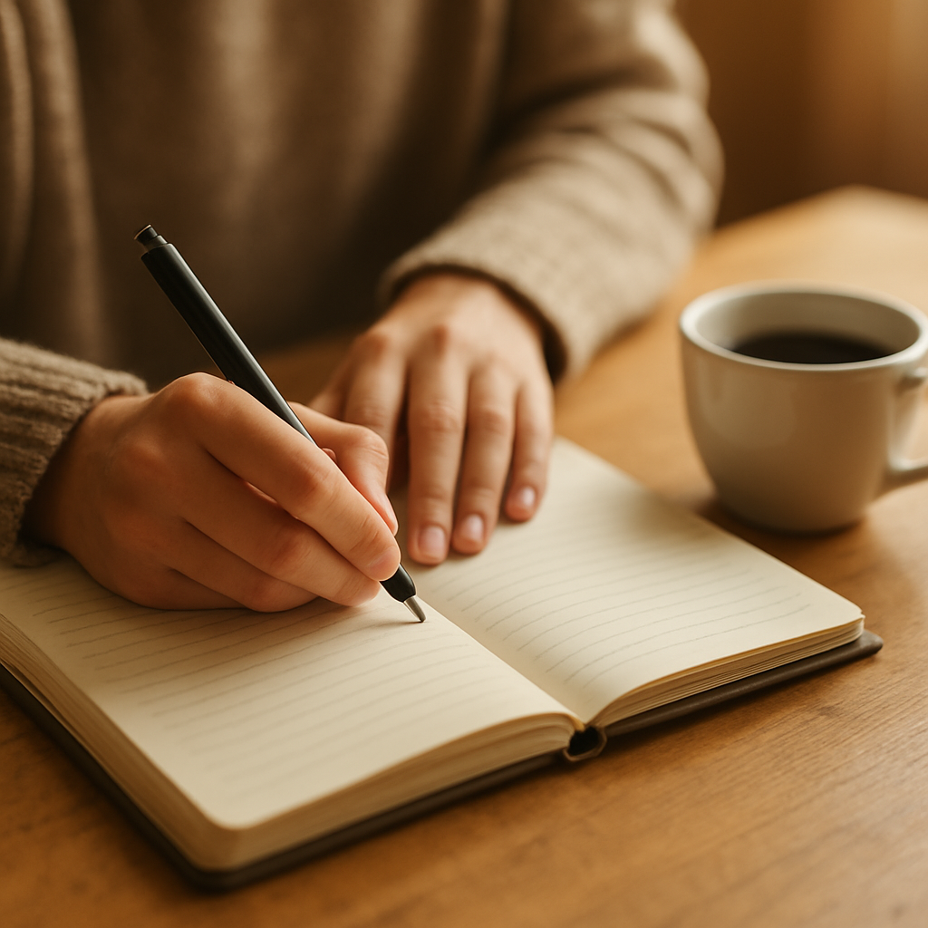 A person writing in a notebook, planning their ideal relationship